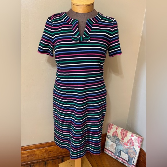 Talbots Bow Stripe Knit Dress V Neck Bow Colorful A Line Short Sleeve Size L - Picture 2 of 9